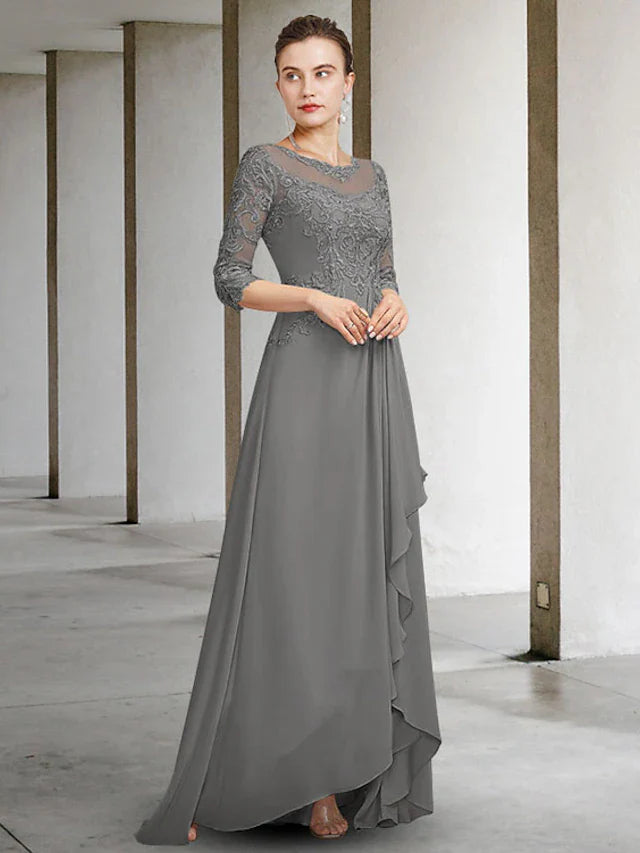 Wholesale A-Line Mother of the Bride Dress Elegant High Low Jewel Neck Floor Length Chiffon Lace Half Sleeve with Pleats Ruffles Appliques
